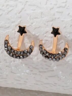 Gold Crescent Moon and Black Star Stud Earrings - Women Jewelry